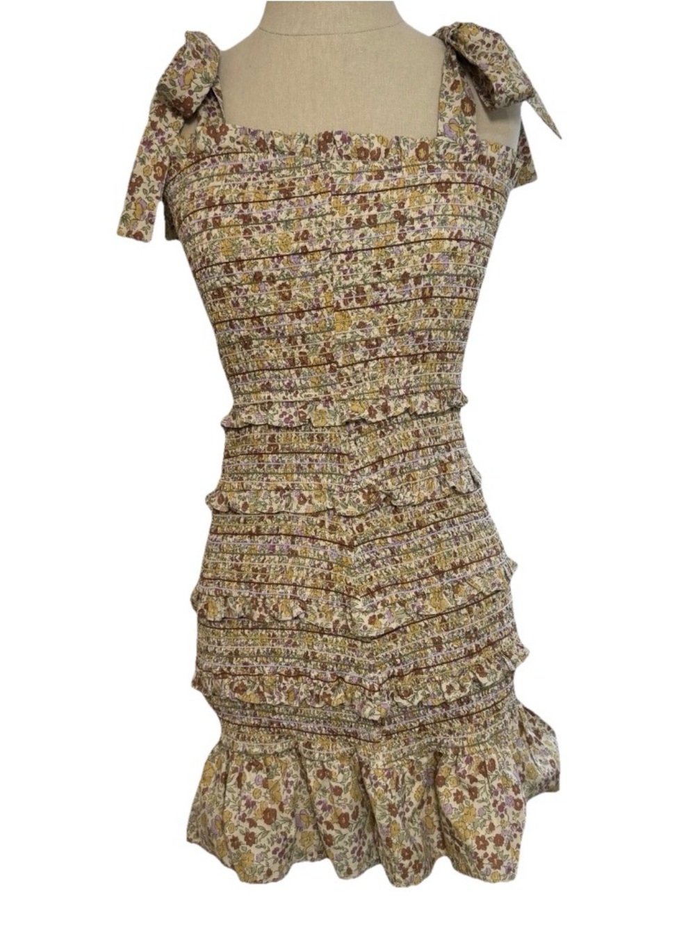 Storia Smocked Floral Mini Dress Small Ruffle Tiered Stretch Cottagecore Boho